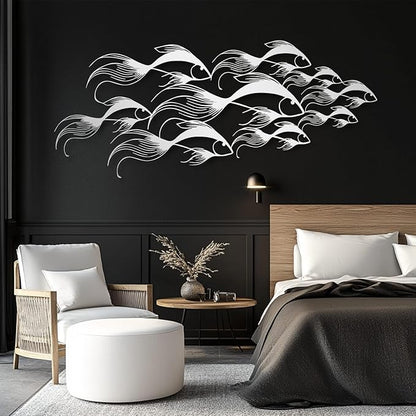 School of Fish Metal Wall Art, Metal Fish Wall Decor, Sea Life Wall Art, Large Nautical Wall Hanging, Modern Beach House Wall Decor, Ocean Themed Artwork for Bathroom (Gold, 35"x15" | 90x38cm)
