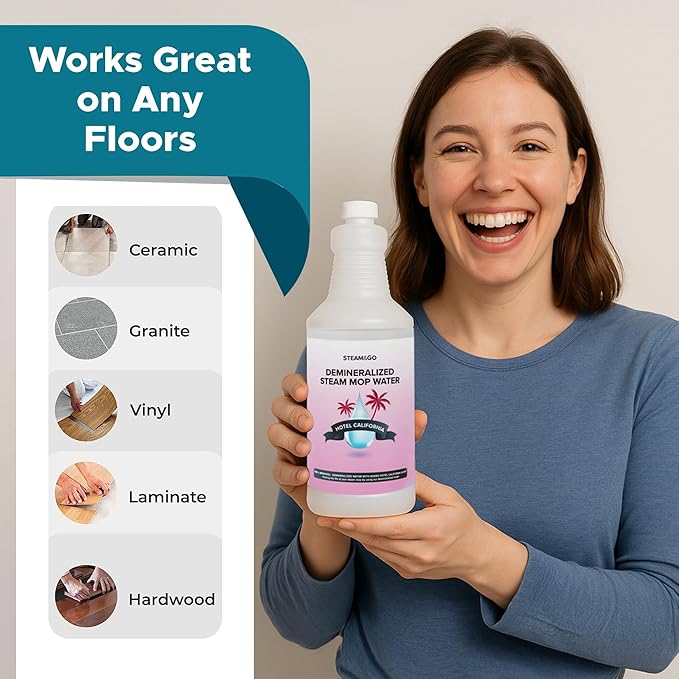 Steam & Go Deminerilized Water - Multi-Surface Cleaner for Steam Cleaners, Hardwood Floors, Kitchens, & Bathrooms - Germ-Killing Formula - Hotel California Scent - 32 Ounces (Pack of 1)