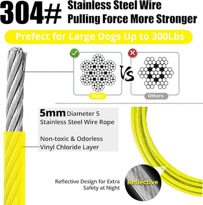 Jenico Dog Tie Out Cable, 10-150FT Runner Cable with Swivel Hook and Shock Spring, Yard & Camping Dog Leash Tether for Small to Medium Pets Up to 500 LBS