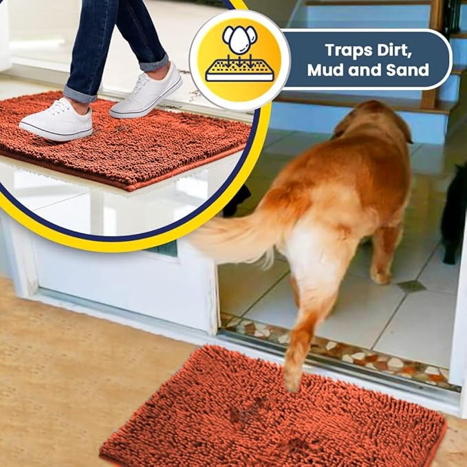 Muddy Mat® AS-SEEN-ON-TV Highly Absorbent Microfiber Dog Door Mat and Pet Rug, Non Slip Thick Washable Area and Bath Mat Soft Chenille for Kitchen Bathroom Bedroom and Indoor - Orange Runner 24"X60"