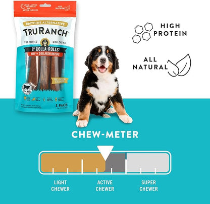 Collagen Rolls - 9" Collagen Rolls for Dogs - Long Lasting Healthy Joint Support - Rawhide Alternative - Skin & Coat Health - Made with Real Beef, Value Pack, 3 Bags, 9 Count