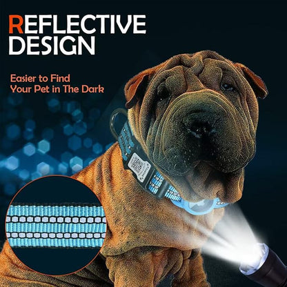 Reflective Dog Collar with Apple AirTag Holder & QR Code Pet ID Tag,Soft Nylon Adjustable Dog Tracker Collar with Safety Lock for Large Dogs(Blue, L（16"-26"）)