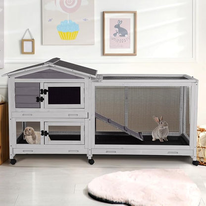 2-Story Indoor Rabbit Hutch with Chew-Proof Outdoor Rabbit Cage with 6 Locking Casters Bunny Cage 2 Pull-Out Trays Guinea Pigs Cage 62"