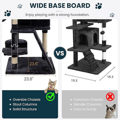 SHA CERLIN 65in Larger Cat Tree Tower Condo for Indoor Kitties/Multi-Level Furniture Activity Center with Wide Base/Cozy Plush Cat Perches/Baskets/Sisal Scratching Posts and Hammock/Dark Grey