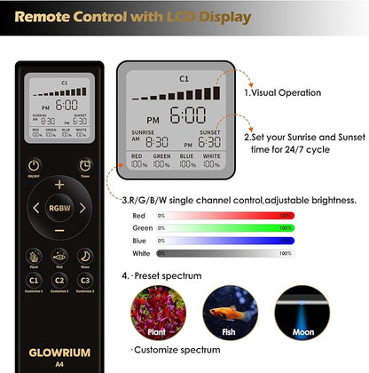 GLOWRIUM LED Aquarium Light with Remote, Full Spectrum Fish Tank Light with Auto Timer, IP67 Waterproof Freshwater Planted Tank Light, Dimmable RGB+W+Moon LEDs with High Performance (9W 12-17in)
