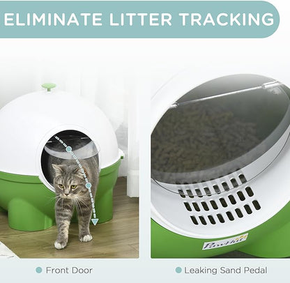 PawHut Hooded Cat Litter Box, Large Kitty Litter Pan with Lid, Scoop, Leaking Sand Pedal, Top Handle, Dark Green