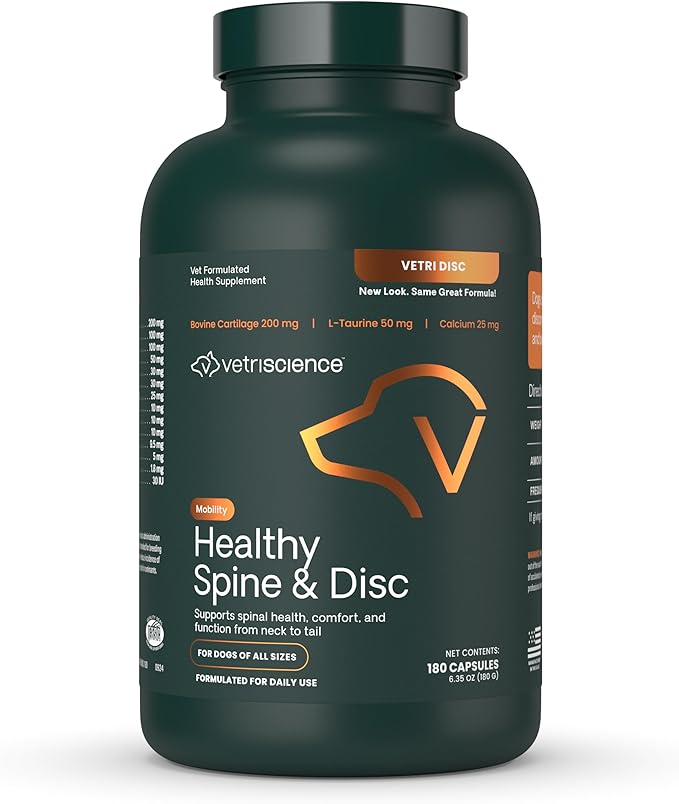 VetriScience Healthy Spine & Disc Easy-Open Capsules, Back & Spinal Support Chondroitin & Taurine Supplement for Dogs, Perfect for Dachshunds, Corgis, Frenchies & More, 180 Count
