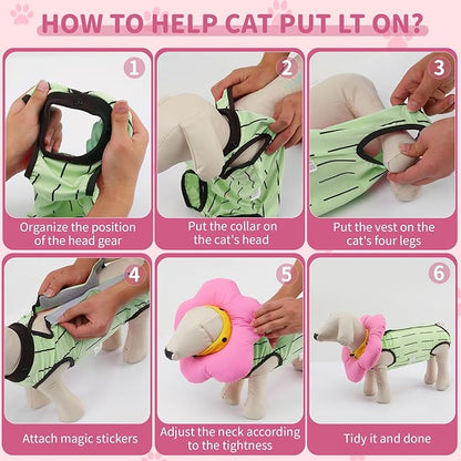EMUST 2PCS Cat Recovery Suit and Cone Collar - Breathable Spay Suit, Adjustable Soft E Collar Alternative for Cats After Surgery - Green, L (8-16lb)