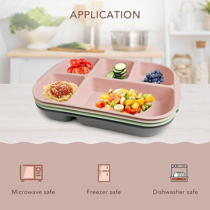 greenandlife 10.8 Inch 4PCS Divided Plates for Kids Adults, Portion Control Plates, Dishwasher & Microwave Safe Compartment Plate, Unbreakable Lightweight Reusable Wheat Straw Plates, INS