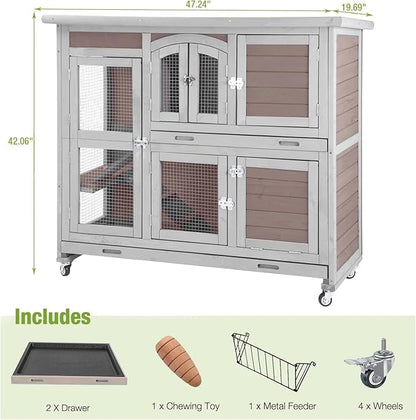 GUTINNEEN Rabbit Hutch Indoor Outdoor Bunny House Guinea Pig Cage on Wheel with Plastic Tray 47inch (Brown)