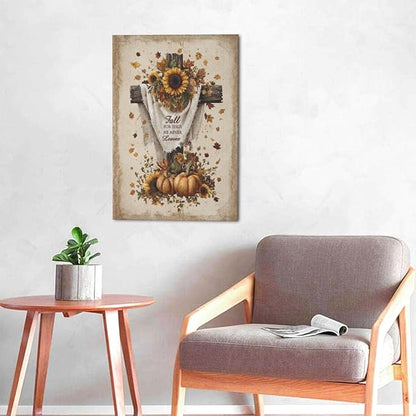 Christian Fall Wall Art Autumn Rustic Cross Sunflower Pumpkin Wall Decor Fall for Jesus He Never Leaves Pictures Painting Print Framed Artwork Decorations Gifts for Living Room Bedroom Prayer Room Office 16"x24"