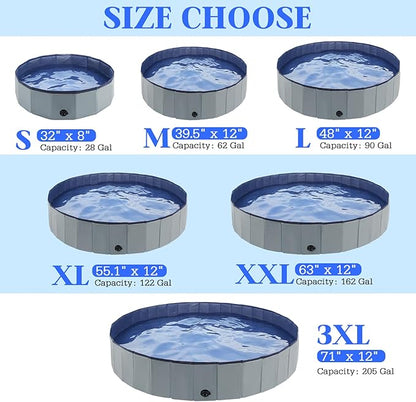 Foldable Dog Bath Swimming Pool 63'' Plastic Kiddie Pool Professional Tub Collapsible Grooming Bathtub for Pets Kids Baby and Toddler, 63 x 12 Inches Gray