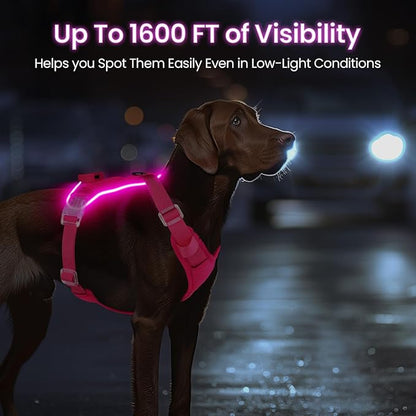 Light Up Dog Harness,Reflective Pet Harness Rechargeable,Led Dog Vest Harness for Night Walking,Adjustable Dog Safety Vest for Small Medium Large Dogs-No Pull,Pink,M