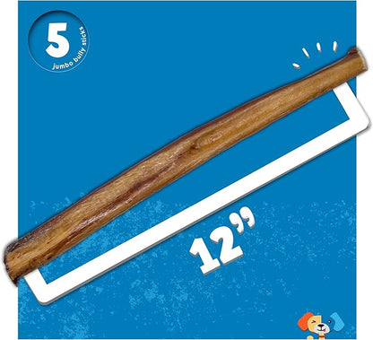 Jack&Pup 12 Inch Bully Sticks for Large Dogs (5 Pack) Jumbo Dog Chews for Aggressive Chewers | All Natural, Odor Free Bully Sticks for Dogs