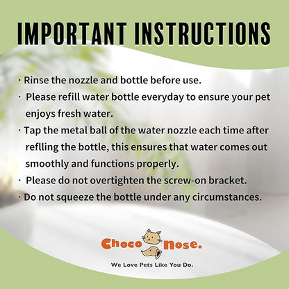 Choco Nose Patented Mini No-Drip Water Bottle/Feeder for Hamsters/Hedgehogs/Gliders/Rats/Mice/Other Small Pets and Animals - for Cages, Crates or Wall Mount. 10.2oz. Nozzle 10mm, Green (C125)