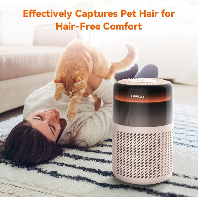 AIRROMI Air Purifier for Bedroom Home,HEPA Filter,Covers Upto 549 Ft²,Quiet 360°intake Air Cleaner with Fragrance ponge for Better Sleep,Night Light,Filters Smoke,Pet Dander,Allergies,Dust,A2005 Beige
