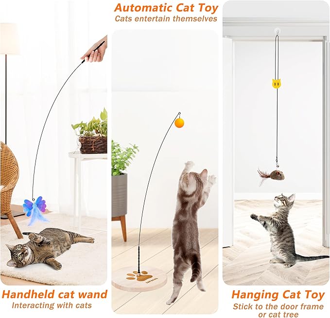 JXFUKAL Automatic Cat Wand Toy – Wooden Base, 2 Teasers & 5 Feather Spring Refills