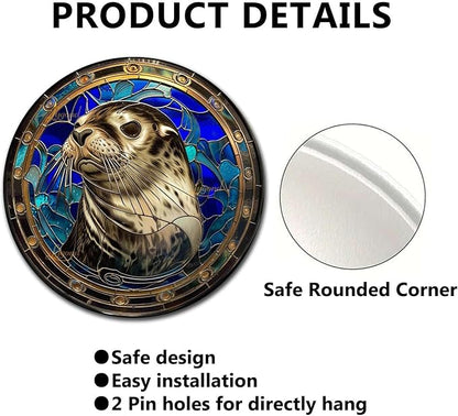 Lygond Metal Sign Tin Sign Circular Stained Glass Harbor Tin Sig For Home Decor 8×8 Inches