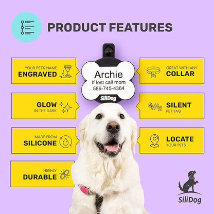 SiliDog AirTag Holder Silent Dog ID Tag – Personalized Engraved Silicone Pet Tag – Durable, Glow-in-The-Dark – Pink Bone