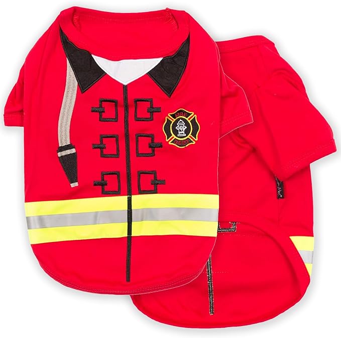 Parisian Pet Embroidered Firefighter Dog Costume - 100% Cotton & Polyester - Sleeved - Red - Large - Lightweight