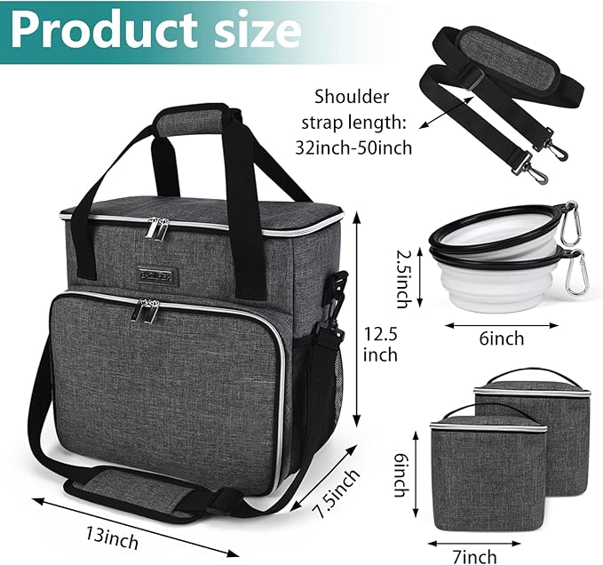 BAGLHER Dog Travel Bag, Pet Travel Bag (ALL Pet Travel Supplies), With 2 Pet Food Containers and 2 Collapsible Silicone Bowls; Essential Kits for Pet Travel Grey