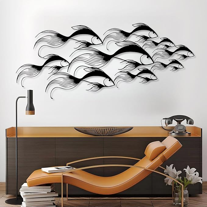 School of Fish Metal Wall Art, Metal Fish Wall Decor, Sea Life Wall Art, Large Nautical Wall Hanging, Modern Beach House Wall Decor, Ocean Themed Artwork for Bathroom (White, 35"x15" | 90x38cm)