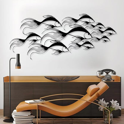 School of Fish Metal Wall Art, Metal Fish Wall Decor, Sea Life Wall Art, Large Nautical Wall Hanging, Modern Beach House Wall Decor, Ocean Themed Artwork for Bathroom (Silver, 24"x10" | 60x25cm)