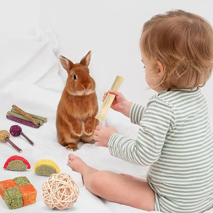 VESPRO Bunny Teys for Rabbits Hamster/Guinea Pig Toys Natural Timothy Hay Sticks chew Treats and Balls for Rabbit, Bunny, chinehila, Guirea Pig, Hamster, Bunny Teeth Care