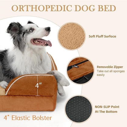 Comfort Expression Large Dog Beds Waterproof Orthopedic Foam Dog Sofa Beds Comfy Pet Bed with Washable Removable Cover & Non-Slip Bottom(Large,Caramel)