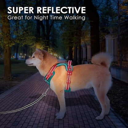 PHOEPET No Pull Dog Harness, Unique Colors Reflective Adjustable Dog Vest, with Soft Training Handle Metal Clips for Small Medium Large Dogs (Dark Green Base & Red Straps,XL)