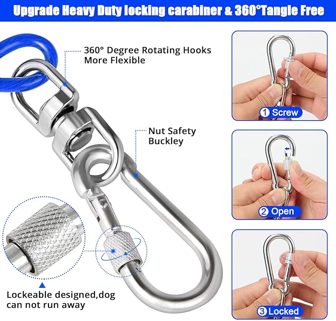 jenico Dog Tie Out Cable, 10/15/20/30/40/50/70/100/150FT Runner Cable with Swivel Hook and Shock Spring, Dog Leash Run Tether for Yard Outdoor and Camping,for Small to Medium Pets Up to 500 LBS