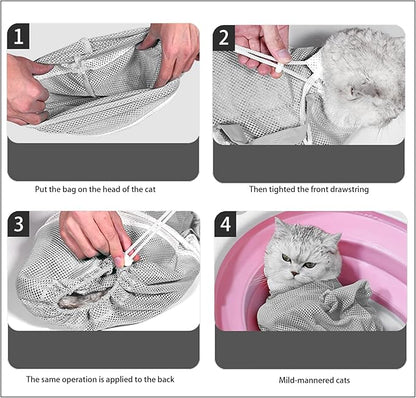 Adjustable Multifunctional Anti-Bite Shower net Bag，Cat Grooming Mesh Bag, Cat Bathing Bag，Cat Bath Brush and Cat Nail Clipper