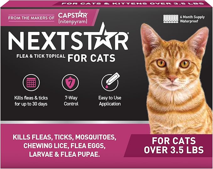 Flea and Tick Prevention for Cats, Repellent, and Control, Fast Acting Waterproof Topical Drops for Cats Over 3.5 lbs, 6 Month Dose