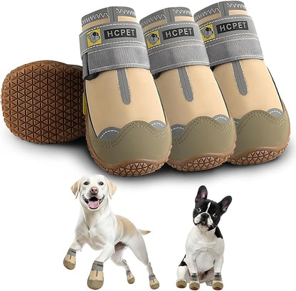Hcpet Dog Shoes for Large Dogs, Waterproof Dog Booties for Small Medium Dogs, Anti-Slip Dog Boots & Paw Protectors for Hot Pavement Winter Snow Hiking with Reflective Straps Khaki Size 6