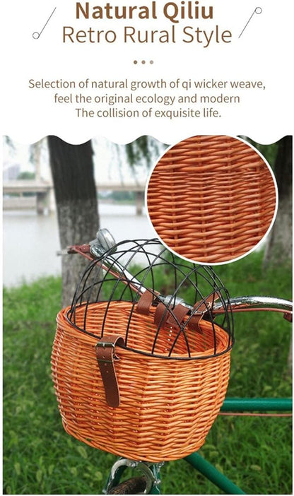 Bike Pet Basket, Wicker Bike Basket for Small Dogs Cats Pet Carrier Front Basket with Wire Mesh Cover and Lid, Wicker Basket for Dogs and Cats, Rattan Storage Basket, 11.81 * 9.84 inch (B)