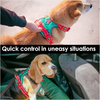 PHOEPET No Pull Dog Harness, Unique Colors Reflective Adjustable Dog Vest, with Soft Training Handle Metal Clips for Small Medium Large Dogs (Dark Green Base & Red Straps,L)
