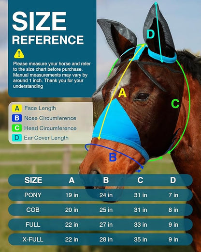 Hilltown Adjustable Fly Mask for Horse with Ears - UV-Block, Large Eye Space, Breathable, Built to Last, Comfort Fit - Horse Fly Mask for Daily Stable, Hot Weather Riding & Competition - Full, Blue