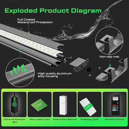 LED Aquarium Light with Remote, IP67 Waterproof Freshwater Planted Grow Light, Full Spectrum Fish Tank Light with Timer, Dimmable RGB+W, Upgrade Appearance, High Performance (48-53inch)