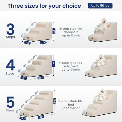GoGoBunny Waterproof High Density Foam Curved Dog Stairs for High Beds Couches 19.7" H, 4-Step Ramp Dog Steps Friendly to Small Medium Dogs or Pets Joints, Non-Slip Balanced Durable Pet Step, Beige