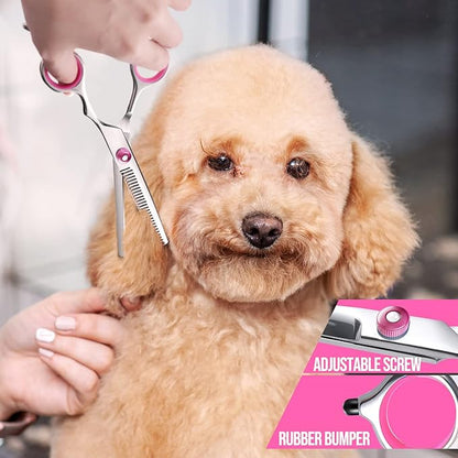 Gimars Dog Grooming Scissors Kit Professional 4CR with Safety Round Tip, 5 in 1 Heavy Duty Titanium Coated Thinning & Curved & Straight Shears