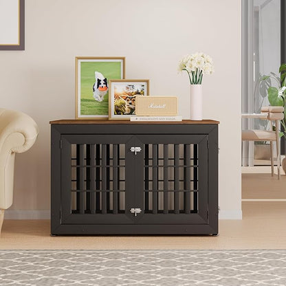 42" Heavy Duty Dog Crate Furniture for Small,Medium and Large Dogs,Rustic Wooden Dog Cage Kennel Indoor Furniture with Waterproof Top,Decorative Pet House Side End Table (Black & Wood)