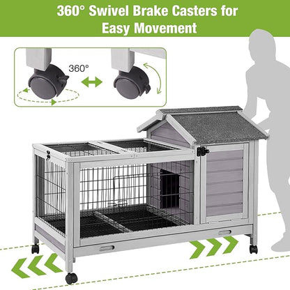 GUTINNEEN Rabbit Hutch Bunny Cage with Removable Wire Floor, Indoor/Outdoor Guinea Pig Cages with Leakproof Pull-Out Tray, 4 Lockable Wheels & Run Space