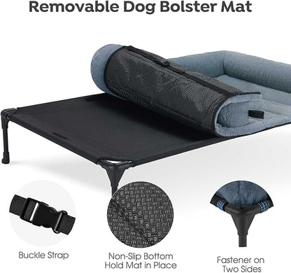 Veehoo Cooling Elevated Dog Bed with Fluffy Plush Bolster Cushion, Indoor Raised Dog Beds for Large Dogs, Soft Pet Sofa Cot with Removable Washable Mat, No-Slip Feet, 32 x 25 inches, Haze Blue