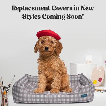 Orthopedic Bolster Dog Bed – CertiPUR-US Foam, Recycled Polyester Canvas, Washable Cover, Anti-Slip Bottom, Medium, Light Blue Check – Stylish Designer Dog Sofa