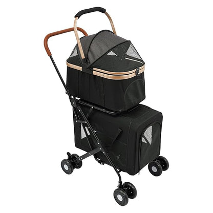 Foldable Pet Stroller for Small & Medium Dogs, Double Dog & Cat Stroller with 3-in-1 Travel System, Detachable Pet Carrier with Wheels for Cats and Dogs up to 77 lbs, Black