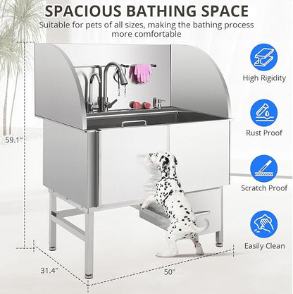 Professional Dog Grooming Tub, 50" Stainless Steel Dog Wash Station with Foldable Ramp, Storage Drawer, Floor Grate & Faucet/Dog Bathtub for Large, Medium & Small Pets - Right Door (50")