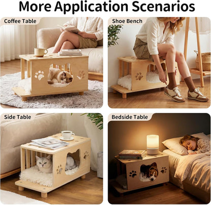 4-in-1 Wooden Cat Cave Bed & Side Table with Washable Cushion
