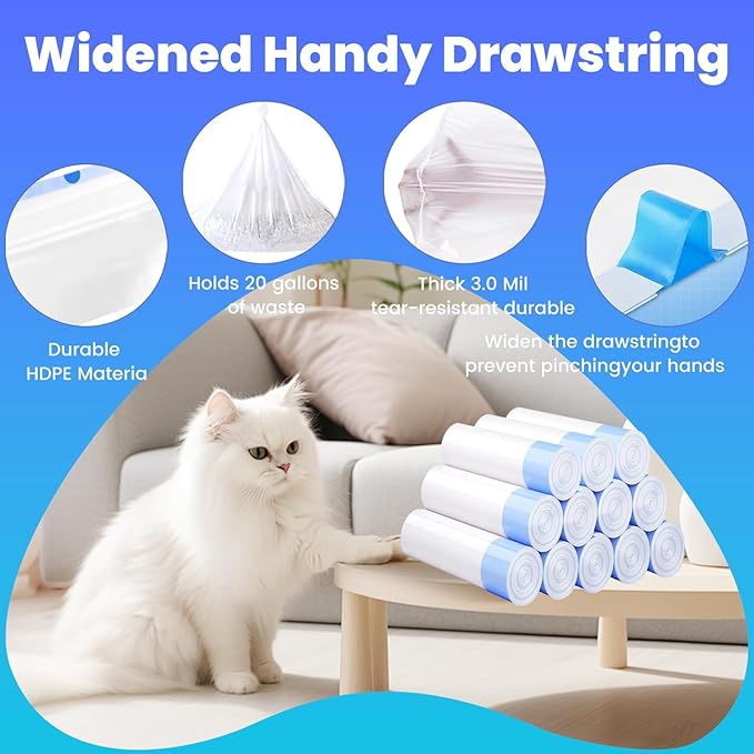 120 Pack Jumbo Cat Litter Bags-3MIL Extra Thick Leakproof Litter Box Liners, 37"x18" Heavy Duty Drawstring Cat Litter Liners for Automatic Litter Box, Odor Control Disposable Kitty Litter Bags 12 Roll