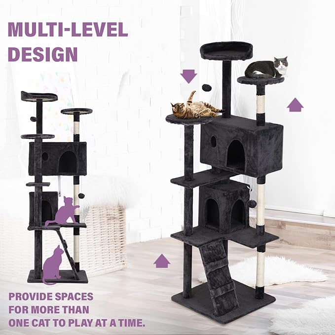 70" Dark Gray XL Cat Tower for Indoor Cats – Multi-Level Condo with Scratching Posts & Hanging Toys