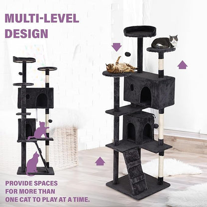70" Dark Gray XL Cat Tower for Indoor Cats – Multi-Level Condo with Scratching Posts & Hanging Toys